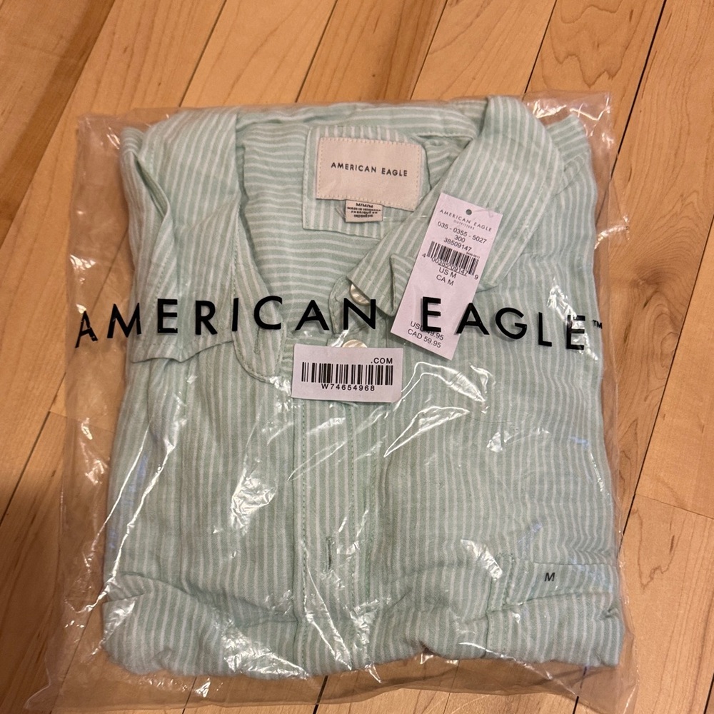 American Eagle Outfitters Women's Mint Striped Button Down Shirt - Picture 2 of 3